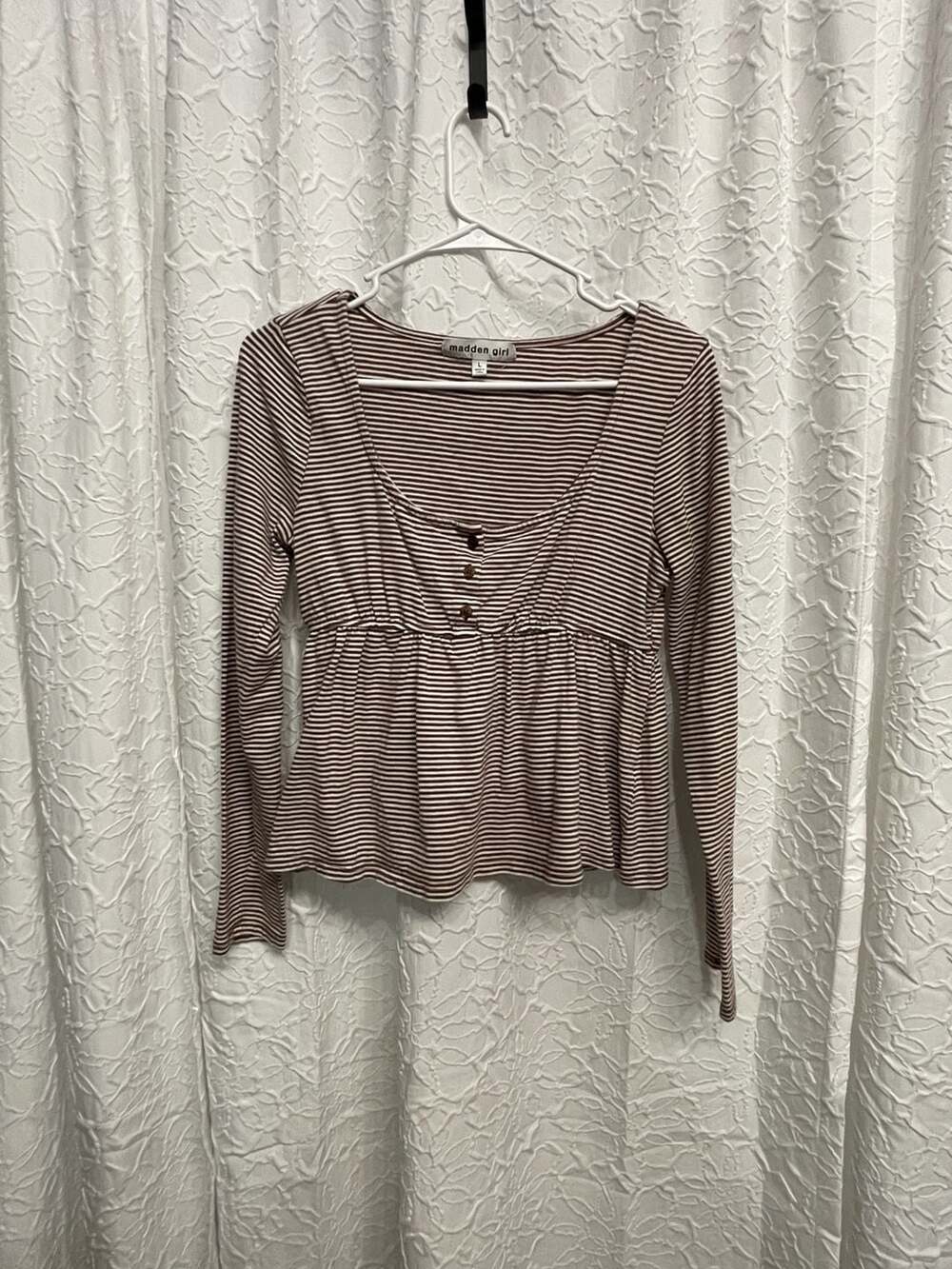 Madden Girl Striped Henley Babydoll Top Size L Long Sleeve Brown